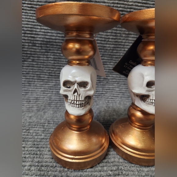 Halloween Decor Gothic Skull Bronze Gold Candlestick Holders 7.25" Tall NWT - Picture 2 of 13